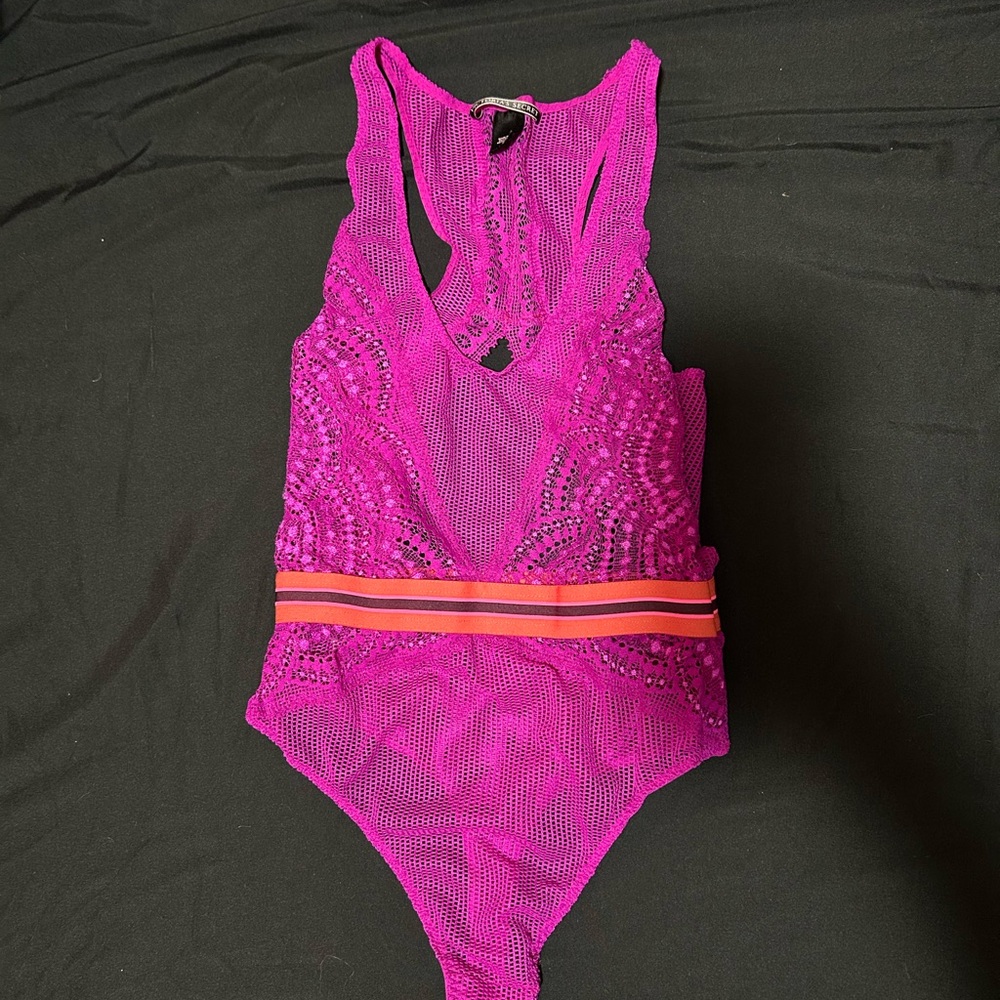 Victoria's Secret Hot Pink Mesh Thong One-Piece with Orange Waist Stripe